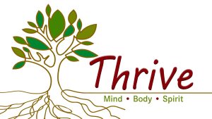 Thrive: Mind. Body. Spirit. Tree logo.